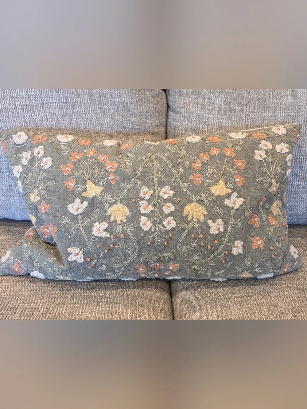 Pottery Barn Embroidered Floral Lumbar Pillow - Sage Green with Yellow and Peach